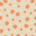 Vector Peaches fruit seamless pattern on isolated beige brown background.