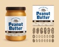 Vector peanut butter label. Glass jar mockup. Peanut shells and seeds icons Royalty Free Stock Photo