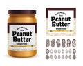 Vector peanut butter label. Glass jar mockup. Peanut shells and seeds icons Royalty Free Stock Photo