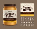 Vector peanut butter label. Glass jar mockup. Peanut shells and seeds icons