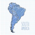 Vector pen hand drawn South America map on paper