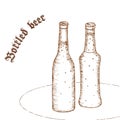 Vector pencil hand drawn illustration of pair of beer bottle with label