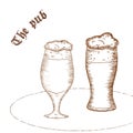 Vector pencil hand drawn illustration of pair of beer glass with label