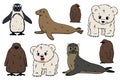 Vector Penguin, king penguin chick, fur seal, polar bear cub, small Common seal. Set of isolated small cartoon outline cute sea