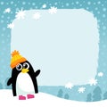 Vector penguin, winter snowy background