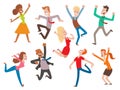 Vector people jumping celebration party illustration. Happy man and woman jump joy characters. Cheerful boys and girls