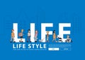 Vector people life style walking with flat big letters in line city buildings Royalty Free Stock Photo