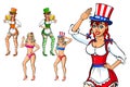 Vector People Set with Beautiful Women. Student, Fitness, Selfie Girl, Office and a Housewife. Colorful Collection. USA. Ireland.