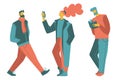 Vector people set: a walking man, a woman taking pictures and a man reading a book. isolated casual people vector illustration.