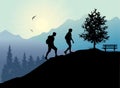 Silhouettes of people climbing and hiking on forest background. Mountaineering