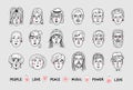Vector people stickers, people avatars patches, funny faces of men and women. Doodle portraits of people. Hand-drawn