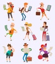 Vector people tourist with map travelers searching right direction way. Traveling man and woman touristic riut search