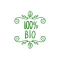 Vector 100 Percents Bio Product Label Template, Green Freehand Drawing Isolated.