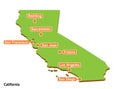 Vector perspective geographical map of California with larger cities