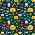 Vector pets accessories colorful seamless pattern. Dogs and cats food, beds, toys texture