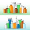 Vector pharmacy banners with medical bottles in flat style