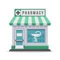 Vector pharmacy city building exterior front view. Isolated flat vector illustration