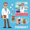 Vector pharmacy elements with male pharmacist, vitamins and drugs