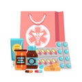 Vector pharmacy elements, pills, vitamins, bottles with medical bag illustration