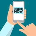 Vector phone with button Order online on the touchscreen. Flat illustration of a mobile phone app and hands. Purchases and