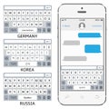 Vector phone chat interface. Sms messenger. Mobile phone virtual keyboards: English, Korean, German, Russian alphabet Royalty Free Stock Photo