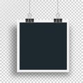 Vector photo frame clamped binders clips and weighs on a steel cable on the clip on an isolated background