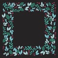 A vector photo frame with green leaves and red hearts on a black background for Valentine`s Day, wedding or anniversary Royalty Free Stock Photo