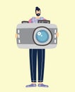 Vector photographer character web icon with big photo camera