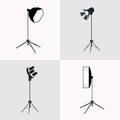 Vector photographer studio lighting equipment icon set. Spotlight and lamp, flash and professional technology photographic. Royalty Free Stock Photo