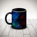 Vector photorealistic black cup with textures made of galaxy background with nebula, stardust and bright shining stars.