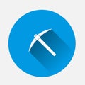 Vector pickaxe icon on blue background. Flat image with long shadow