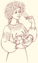 Vector picture. Girl in a lush wreath holding bowl of berries