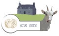 Vector picture goat on the background of a house with a lawn and cheese