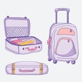 Vector picture of luggage. Different suitcases - open, closed, with things, standing, on wheels of purple-pink color