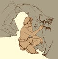 Vector picture. Primitive man draws on stone wall of cave Royalty Free Stock Photo