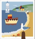 Vector picture seashore, lighthouse, boat and gull