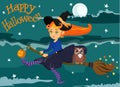 Cute red-haired girl witch on broom. Happy Halloween. Vector