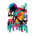 Vector picture of a teenager in the style of hip-hop. Girl in headphones listens to music. Sticker for your design