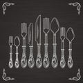 Vector pictures of spoon, fork and knife. Tableware hand drawing silhouette on black chalkboard Royalty Free Stock Photo