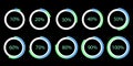 Vector pie chart of percentage loading. Progress process on a black background. A set of circular loaders. Stock image