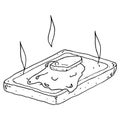 Toast with a piece of butter icon. Vector piece of butter on toast. Hand drawn hot buttered toast. Bread toast