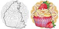 Vector piece of cake with strawberry and abstract ornaments on a patterned round substrate for coloring.