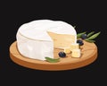 Piece of camembert with black olives branches