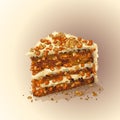 Vector piece of carrot cake with slices of walnuts, dried apricots, prunes, crumbly tender cake layers, which are Royalty Free Stock Photo