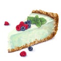 Vector piece of cheesecake cake with airy and tender, delicate creamy-peppermint cheese-cream. Crisp and crumble cake