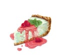 Vector piece of cheesecake cake with airy and tender, delicate creamy-peppermint cheese. Crisp and crumble cake with