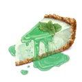 Vector piece of cheesecake cake with airy and tender, delicate creamy-peppermint cheese. Crisp and crumble cake with