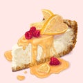Vector piece of cheesecake with tender, delicate creamy-curd cheese. Crisp and crumble cake with back, appetizing