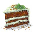 Vector piece of pepermint cake with slices of walnuts, sprig of mint, prunes, crumbly tender cake layers, which are