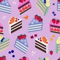 Vector pieces of multicolored puff cakes decorated with berries and pieces of fruit.